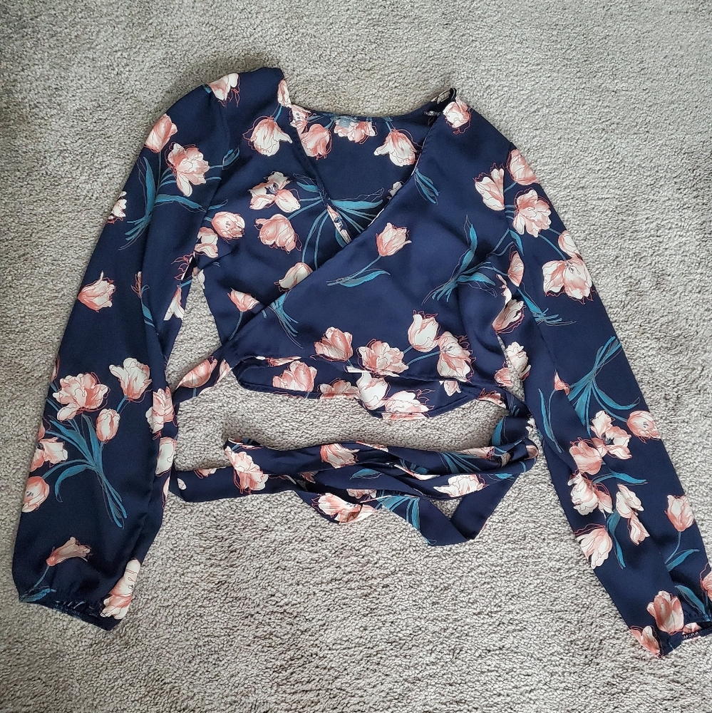 Charlotte Russe Blue Floral Wrap Long Sleeve Top